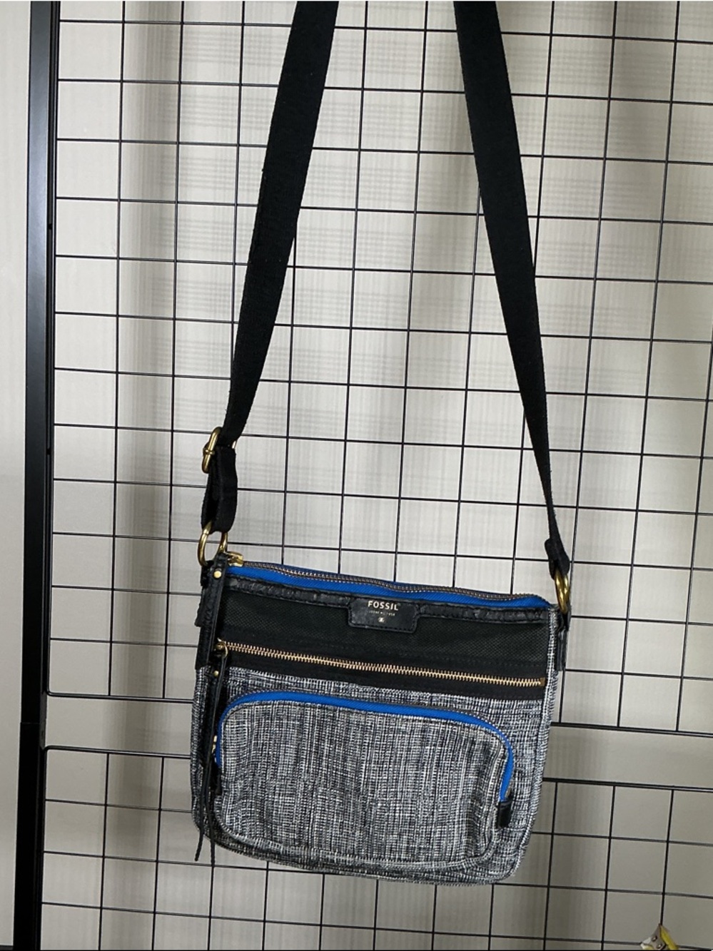 Fossil Grey Tweed Crossbody Bag with Leather Trim Blue Zip Detail